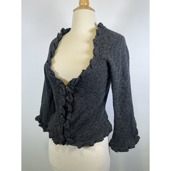 Anthropologie Guinevere Ruffled Cardigan Top Lambswool Grey Small Romantic - Picture 3 of 13